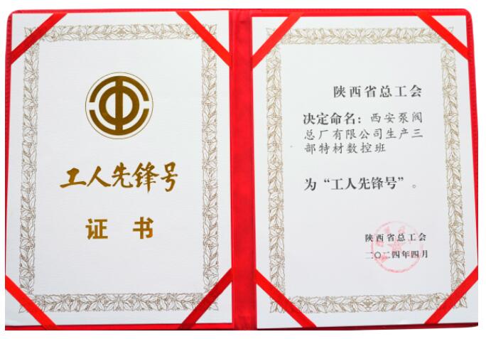 西安泵閥總廠有限公司生產三部特材數控班被命名為陜西省“工人先鋒號” 西安泵閥總廠有限公司生產三部特材數控班被命名為陜西省“工人先鋒號”